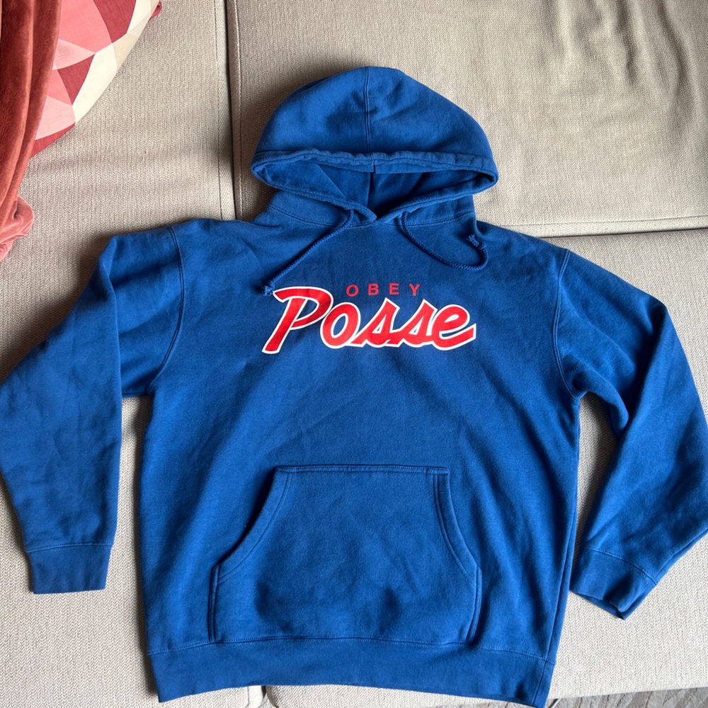Authentic Obey Posse blue and red hooded Men’s sweatshirt, Size Large